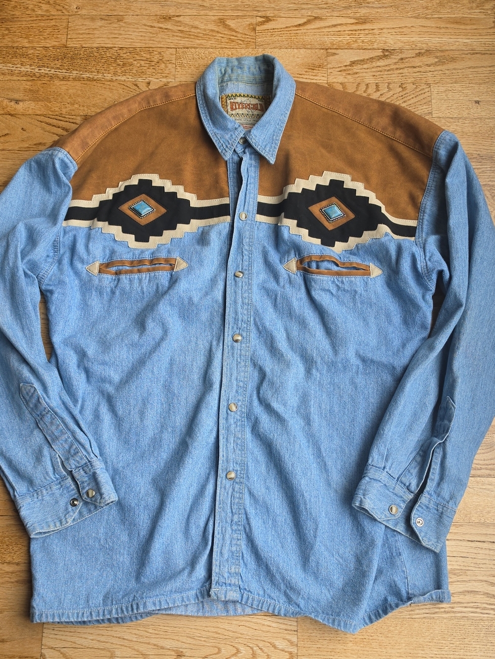 (M) Western Denim Snap Down Shirt Brown Yoke Inlayed Turquoise Vintage Western